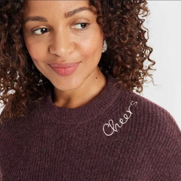 Women's Holiday Cheers Crewneck Pullover Sweater - A New Day Burgundy M - Picture 1 of 4